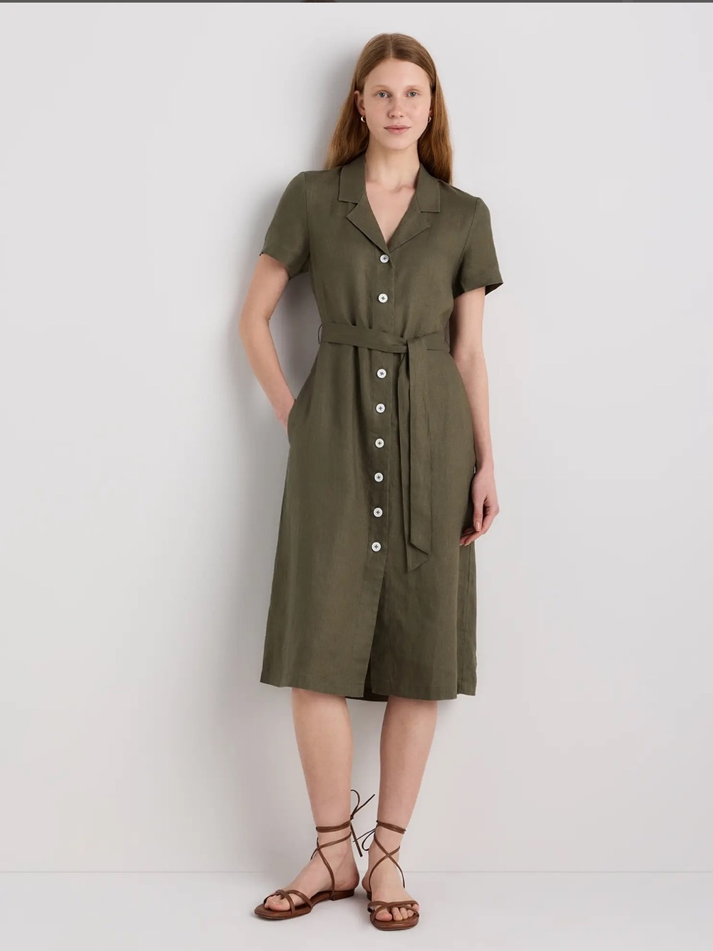 Quince Olive Green Button-Down Midi Shirt Dress